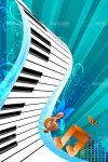 Abstract Cartoon Keyboard with Musical Notes and Blue Striped Background